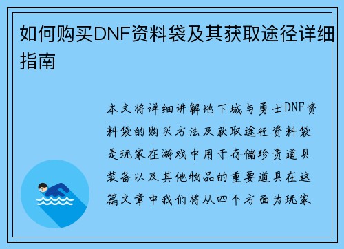如何购买DNF资料袋及其获取途径详细指南