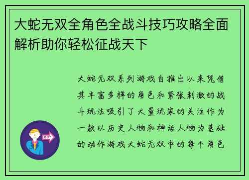 大蛇无双全角色全战斗技巧攻略全面解析助你轻松征战天下